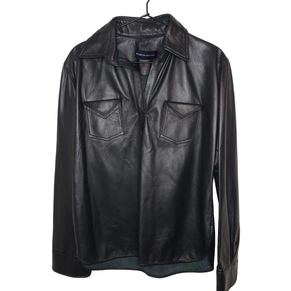 Brandon Maxwell Women's Sz S Genuine Leather V-neck Pocket Top Black (1629